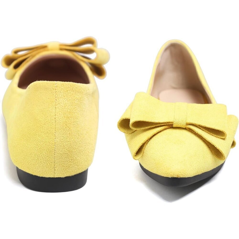 Women's Yellow Bowknot Ballet Flats Pointy Toe Casual Flat Shoes Suede - Picture 6 of 7